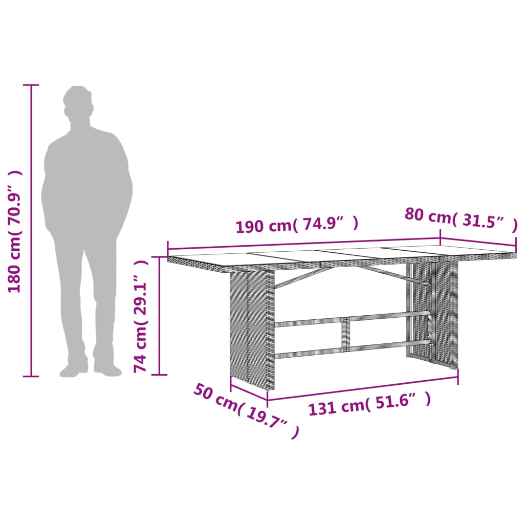 havebord med glastop 190x80x74 cm polyrattan brun