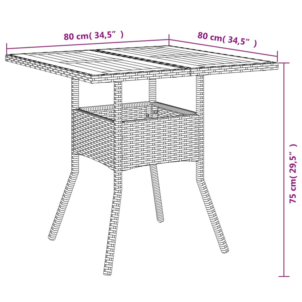 havebord med akacietop 80x80x75 cm polyrattan sort