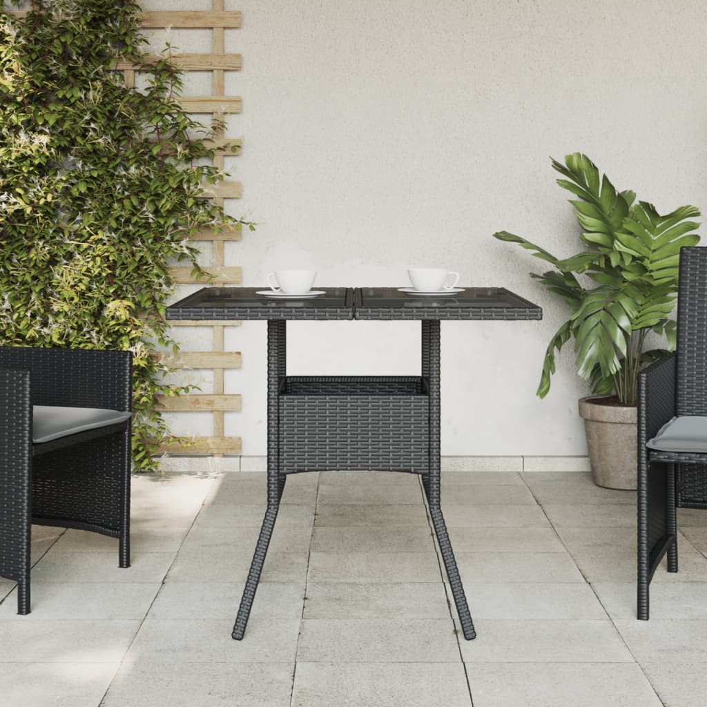 havebord med glastop 80x80x75 cm polyrattan sort