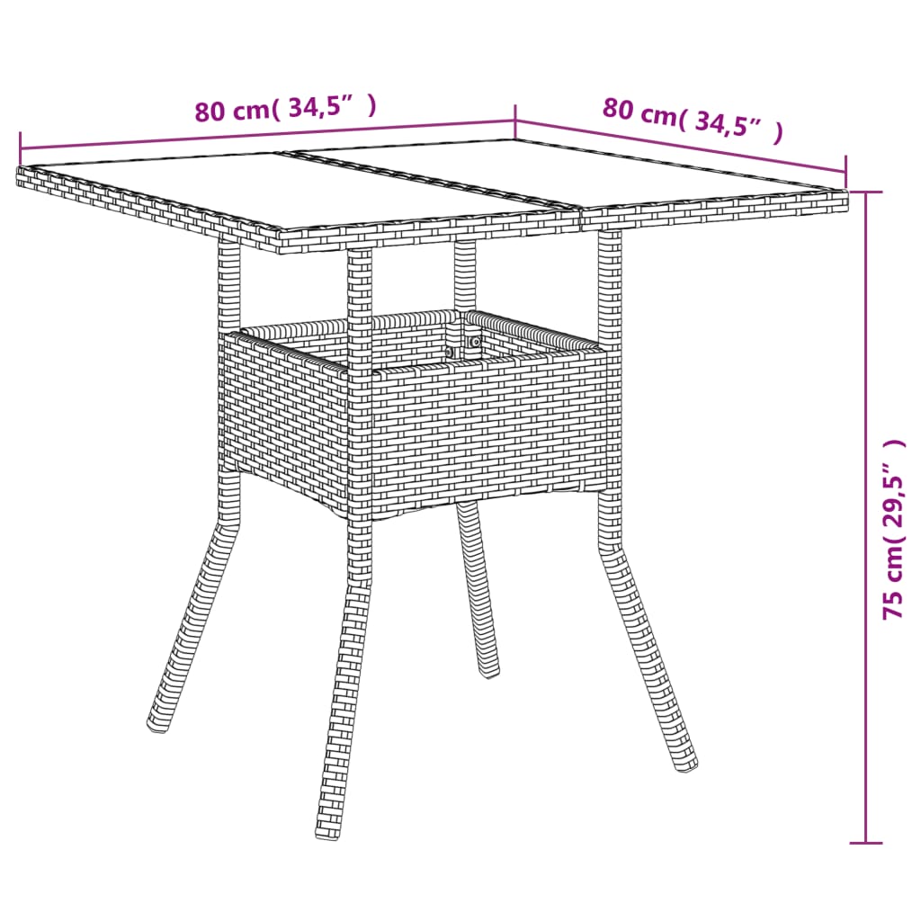 havebord med glastop 80x80x75 cm polyrattan sort