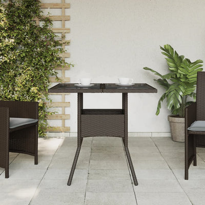 havebord med glastop 80x80x75 cm polyrattan brun