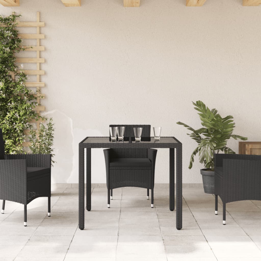 havebord med glastop 90x90x75 cm polyrattan sort