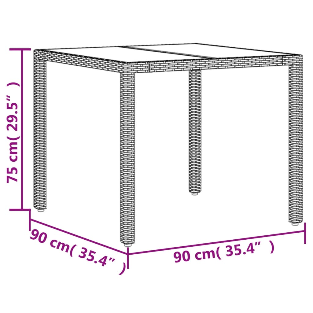 havebord med glastop 90x90x75 cm polyrattan sort