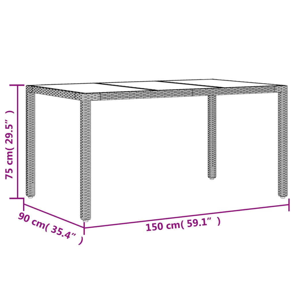 havebord med glastop 150x90x75 cm polyrattan sort