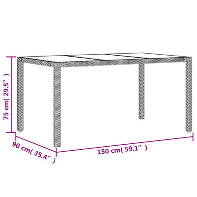 havebord med glastop 150x90x75 cm polyrattan sort