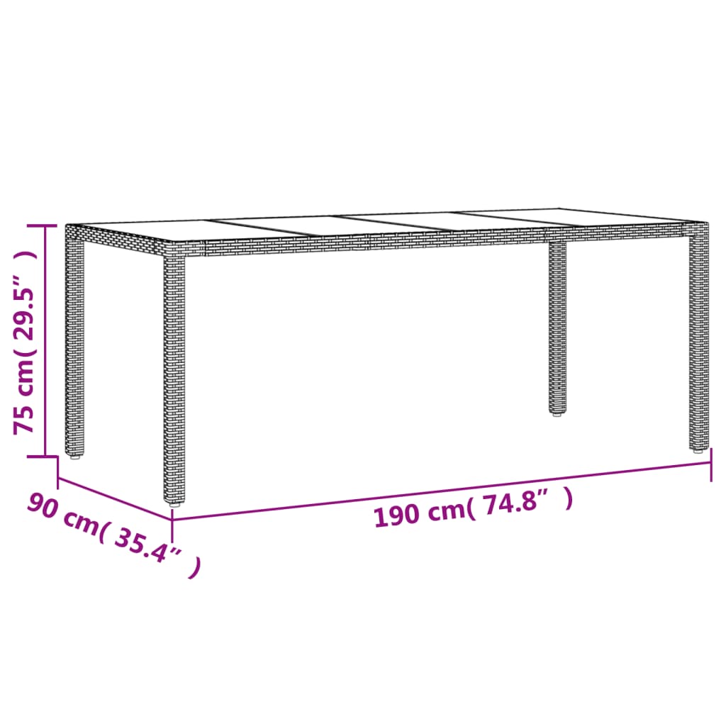 havebord med glastop 190x90x75 cm polyrattan grå