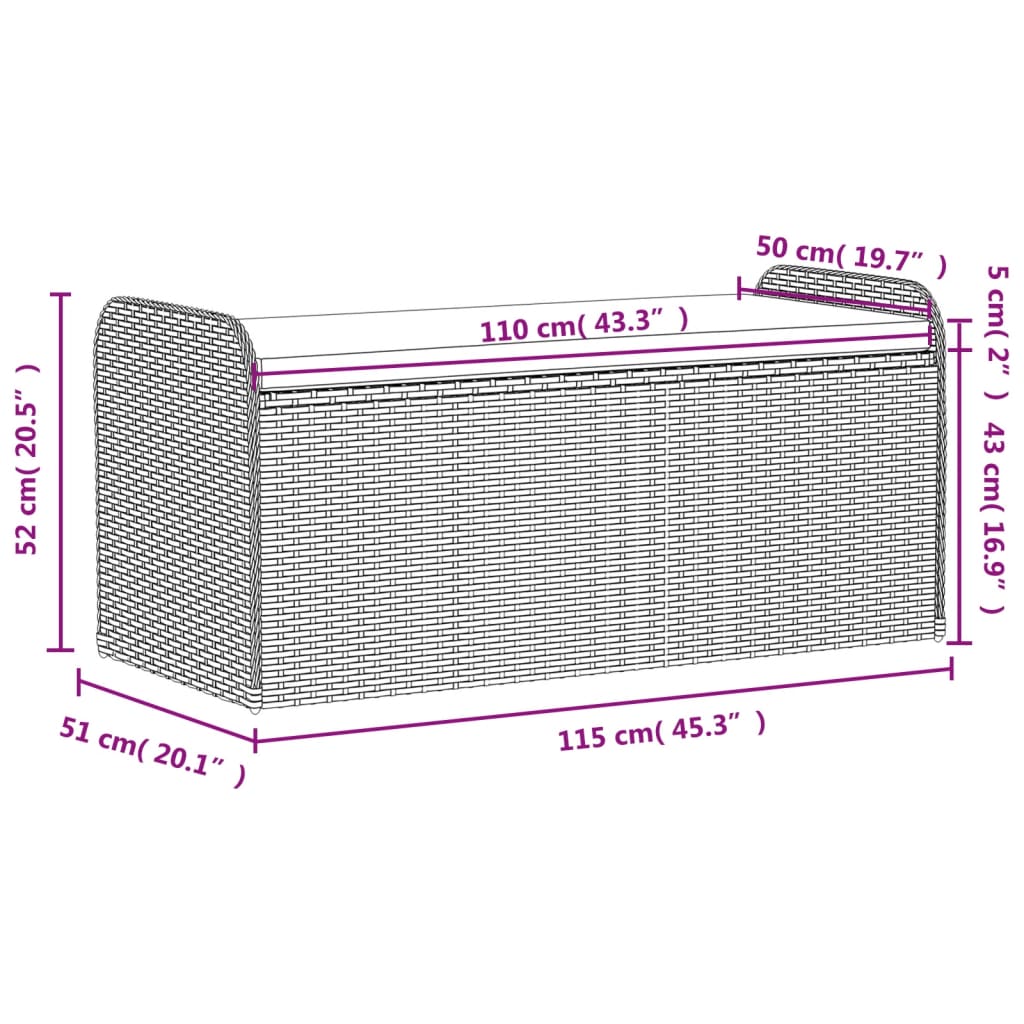 opbevaringsbænk med hynde 115x51x52 cm polyrattan grå