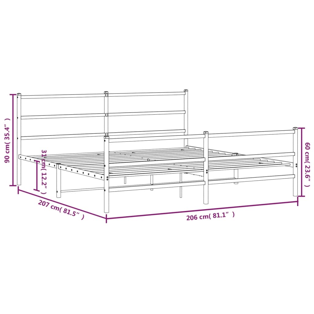 sengeramme med sengegavl og fodgærde 200x200 cm metal sort