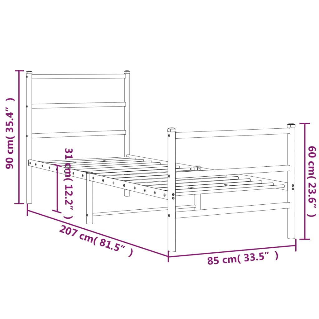 sengeramme med sengegavl og fodgærde 80x200 cm metal hvid