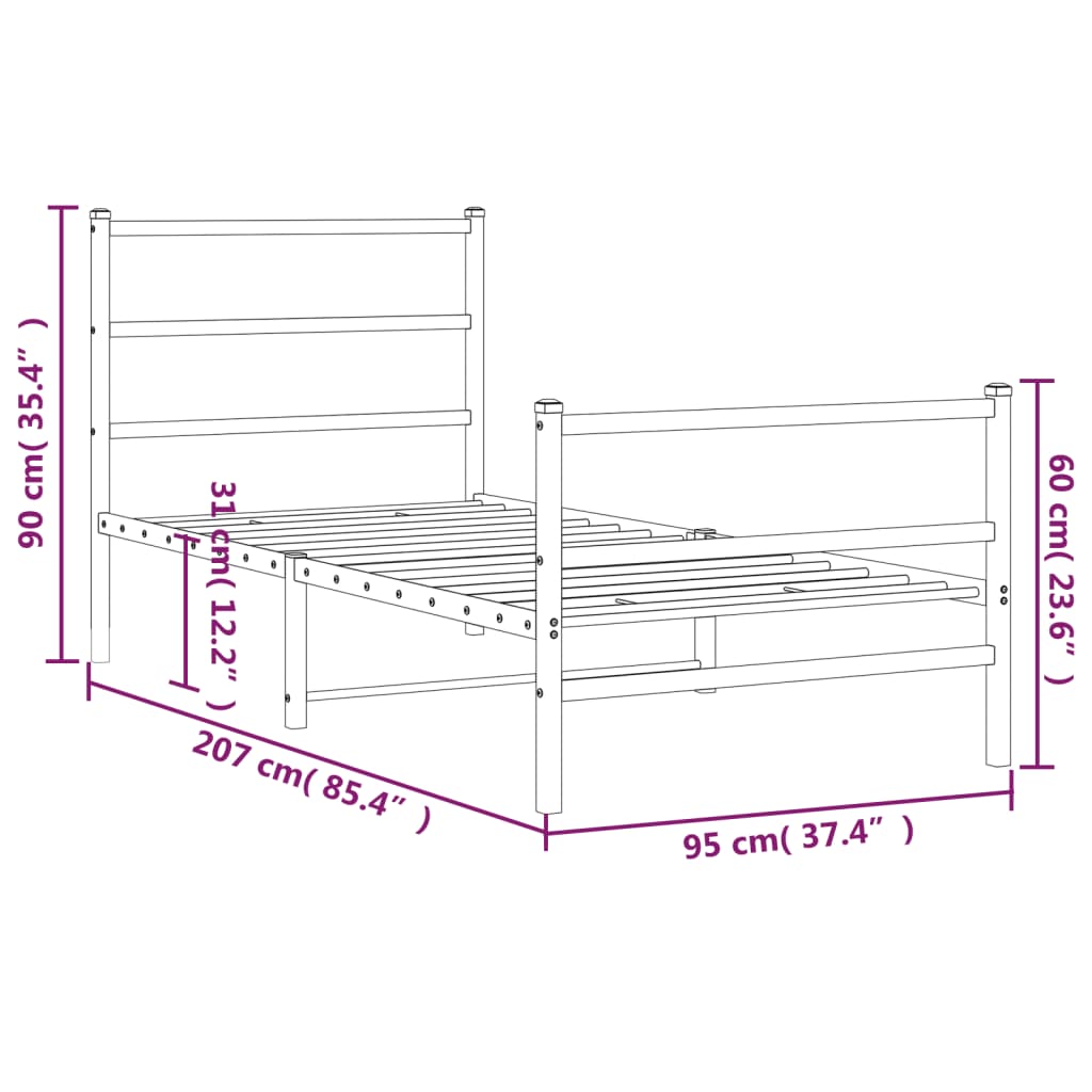 sengeramme med sengegavl og fodgærde 90x200 cm metal hvid