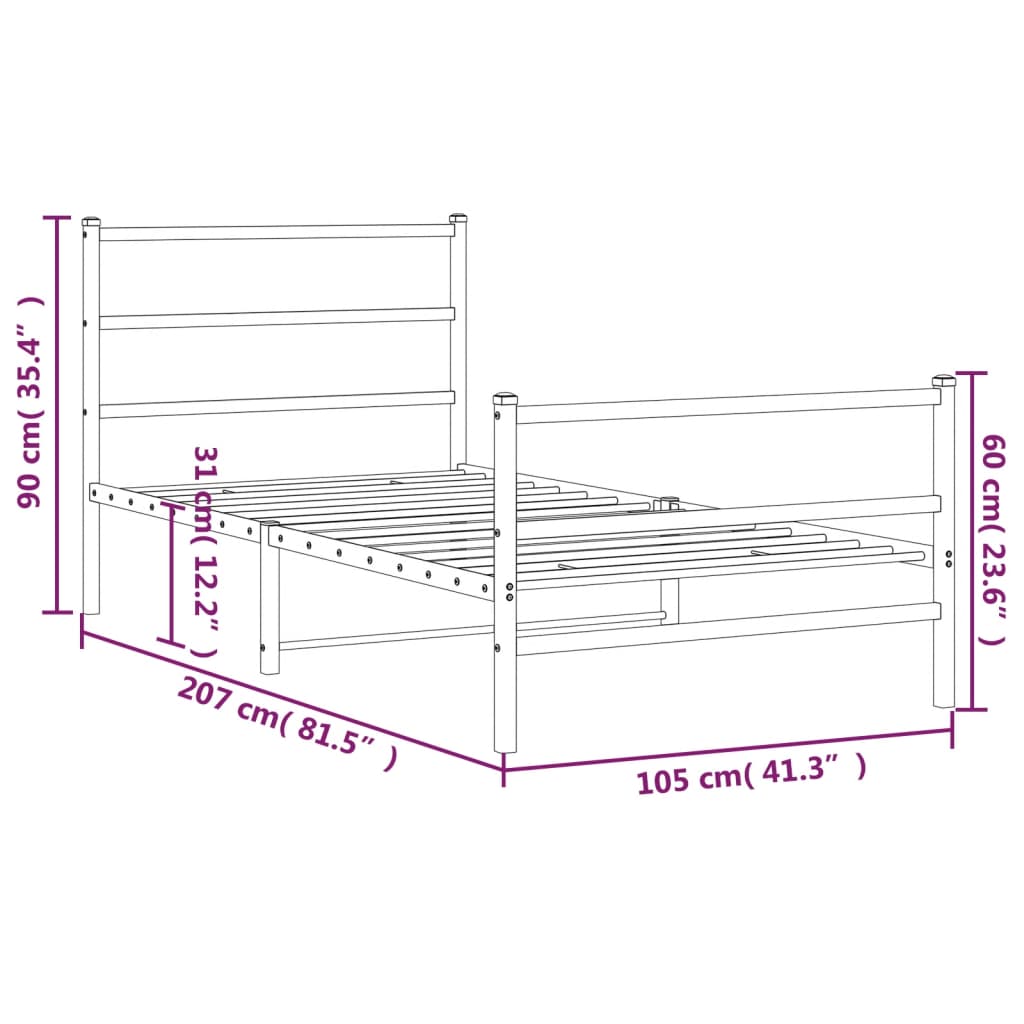 sengeramme med sengegavl og fodgærde 100x200 cm metal hvid