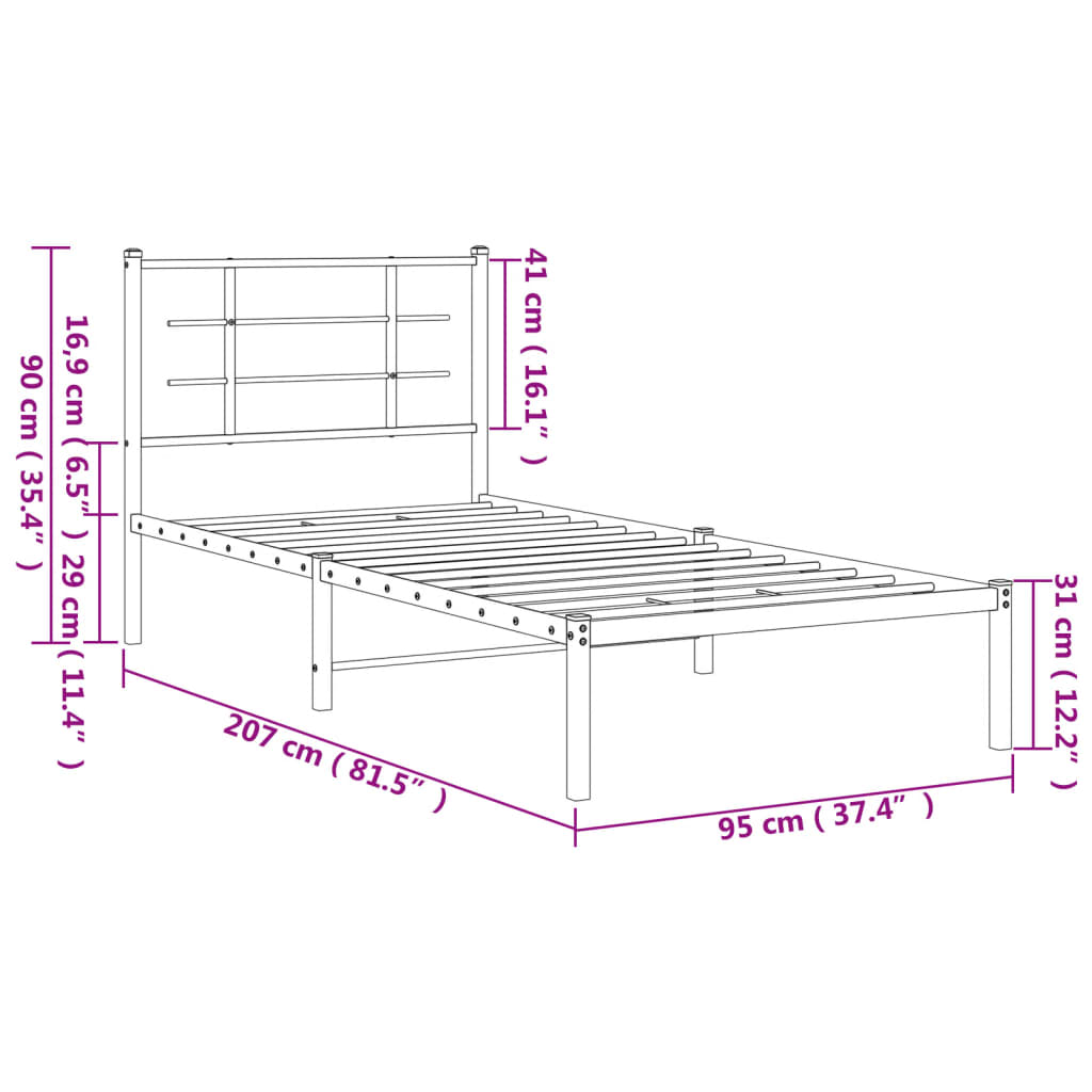 sengeramme med sengegavl 90x200 cm metal sort