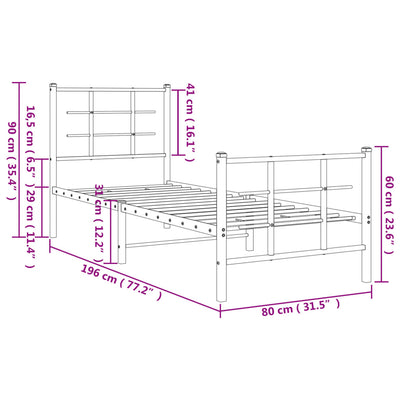 sengeramme med sengegavl og fodgærde 75x190 cm metal sort