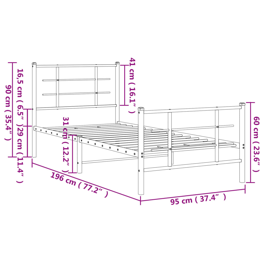 sengeramme med sengegavl og fodgærde 90x190 cm metal sort