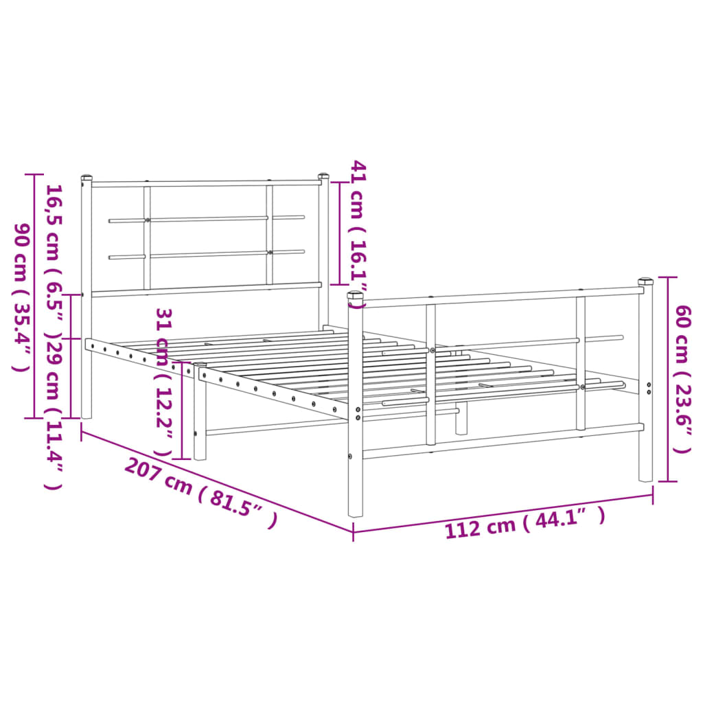 sengeramme med sengegavl og fodgærde 107x203 cm metal sort