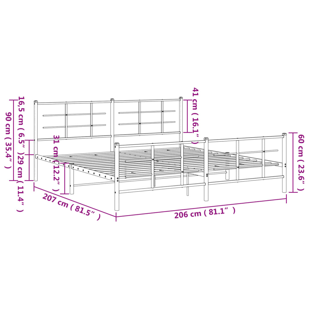 sengeramme med sengegavl og fodgærde 200x200 cm metal sort