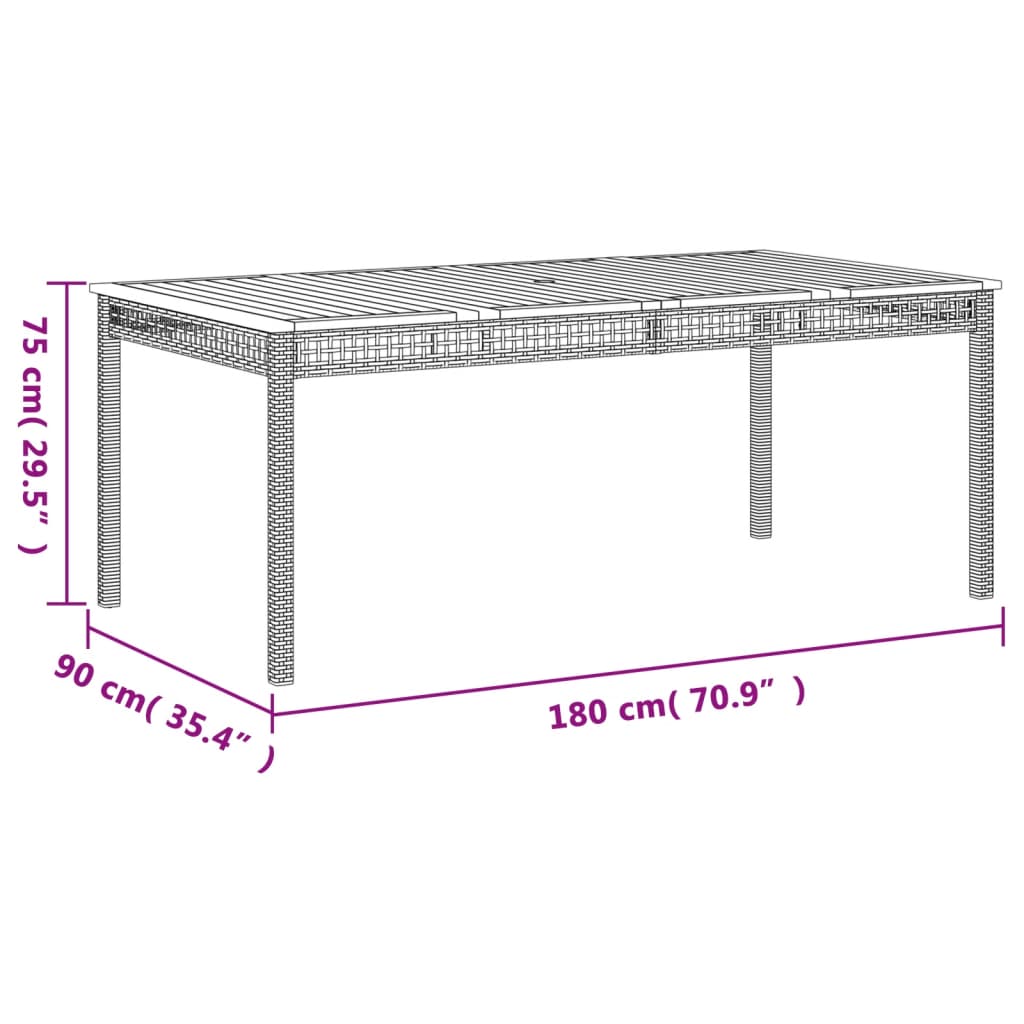 havebord 180x90x75 cm polyrattan og akacietræ sort