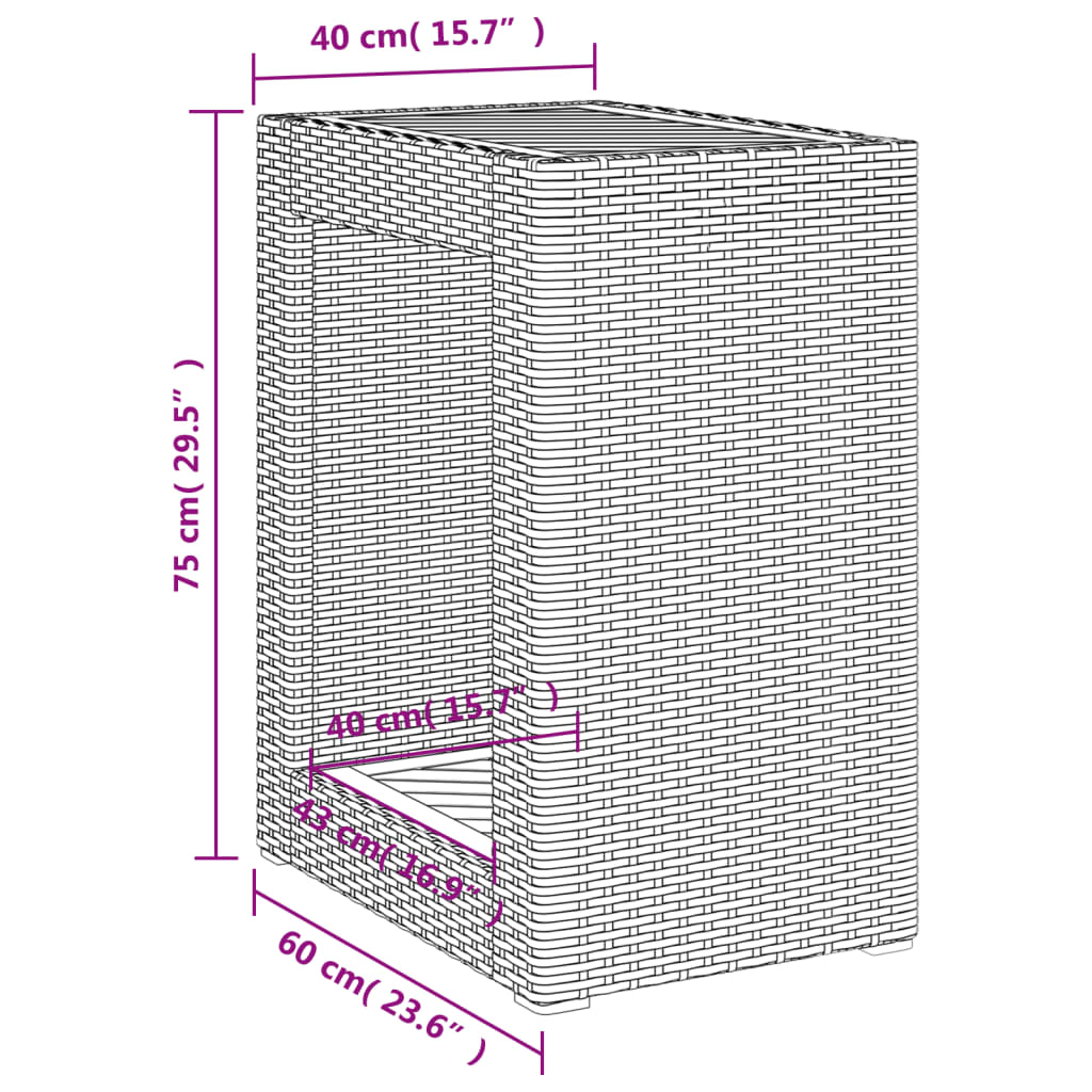 havebord med trætop 60x40x75 cm polyrattan sort