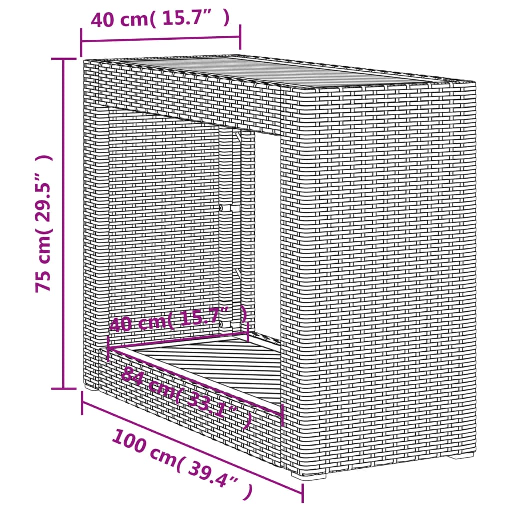 havebord med trætop 100x40x75 cm polyrattan sort