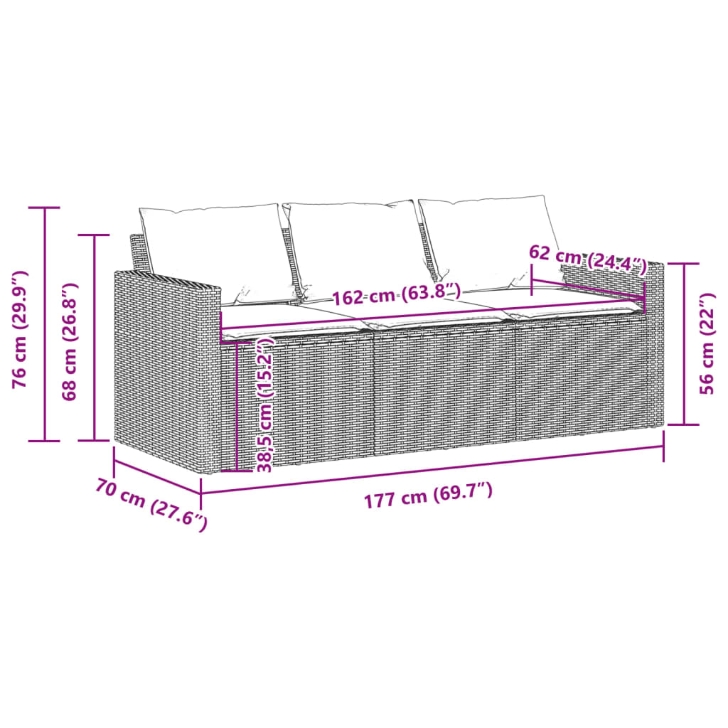 3-personers havesofa med hynder polyrattan brun