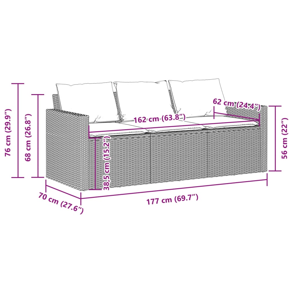 3-personers havesofa med hynder polyrattan beige