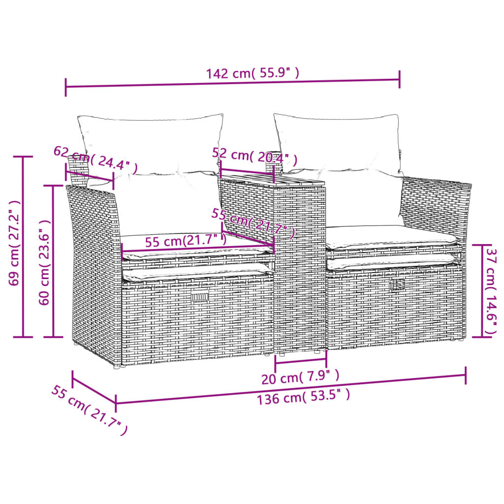 2-personers havesofa med skamler polyrattan beige