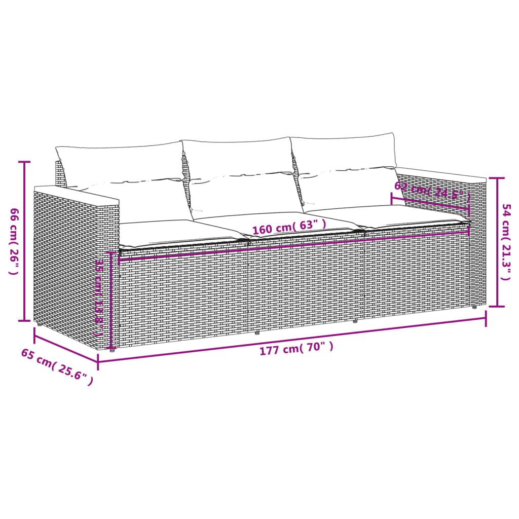 3-personers havesofa med hynder polyrattan sort