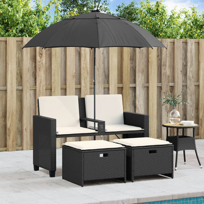 2-personers havesofa med parasol og skamler polyrattan sort