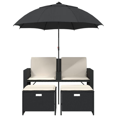 2-personers havesofa med parasol og skamler polyrattan sort