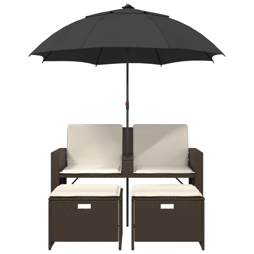 2-personers havesofa med parasol og skamler polyrattan brun