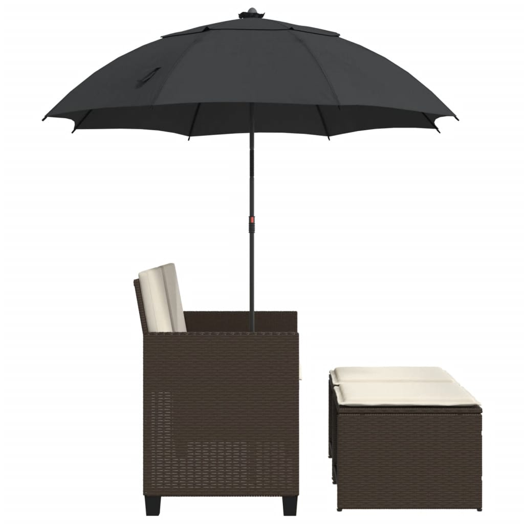 2-personers havesofa med parasol og skamler polyrattan brun