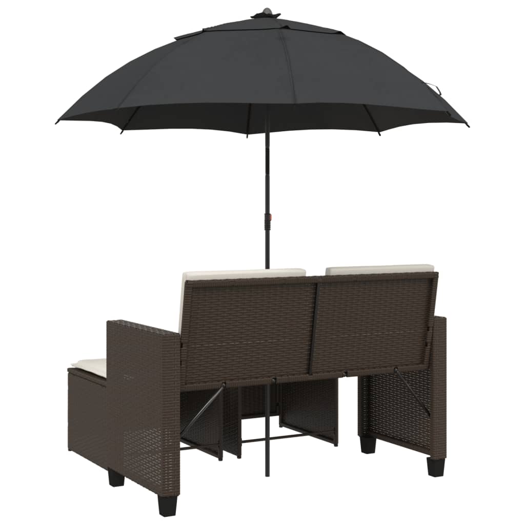 2-personers havesofa med parasol og skamler polyrattan brun