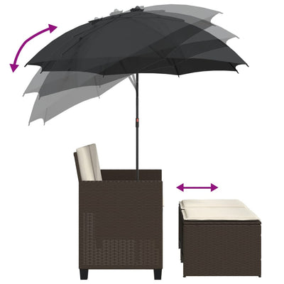 2-personers havesofa med parasol og skamler polyrattan brun