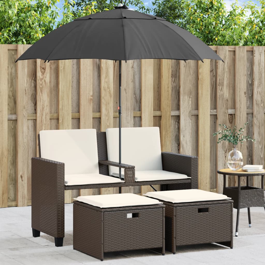 2-personers havesofa med parasol og skamler polyrattan brun