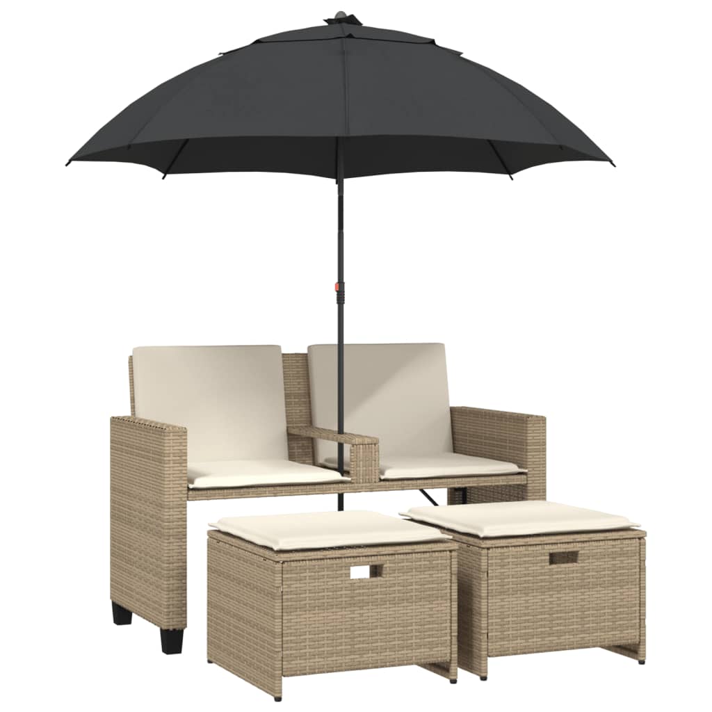 2-personers havesofa med parasol og skamler polyrattan beige