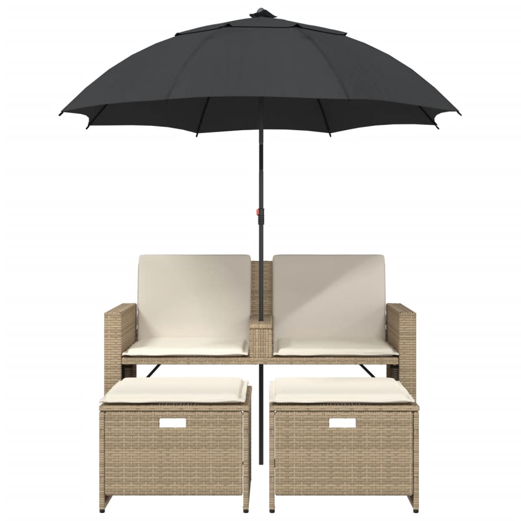 2-personers havesofa med parasol og skamler polyrattan beige