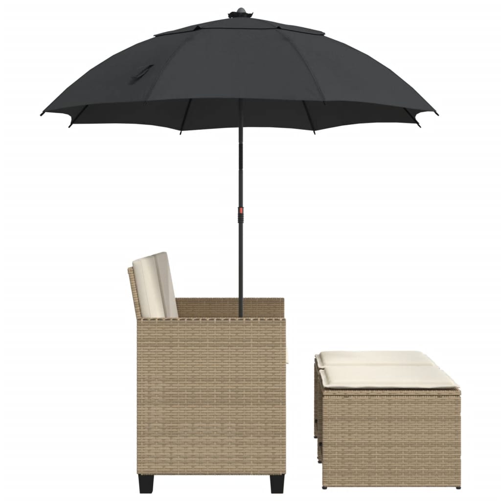 2-personers havesofa med parasol og skamler polyrattan beige