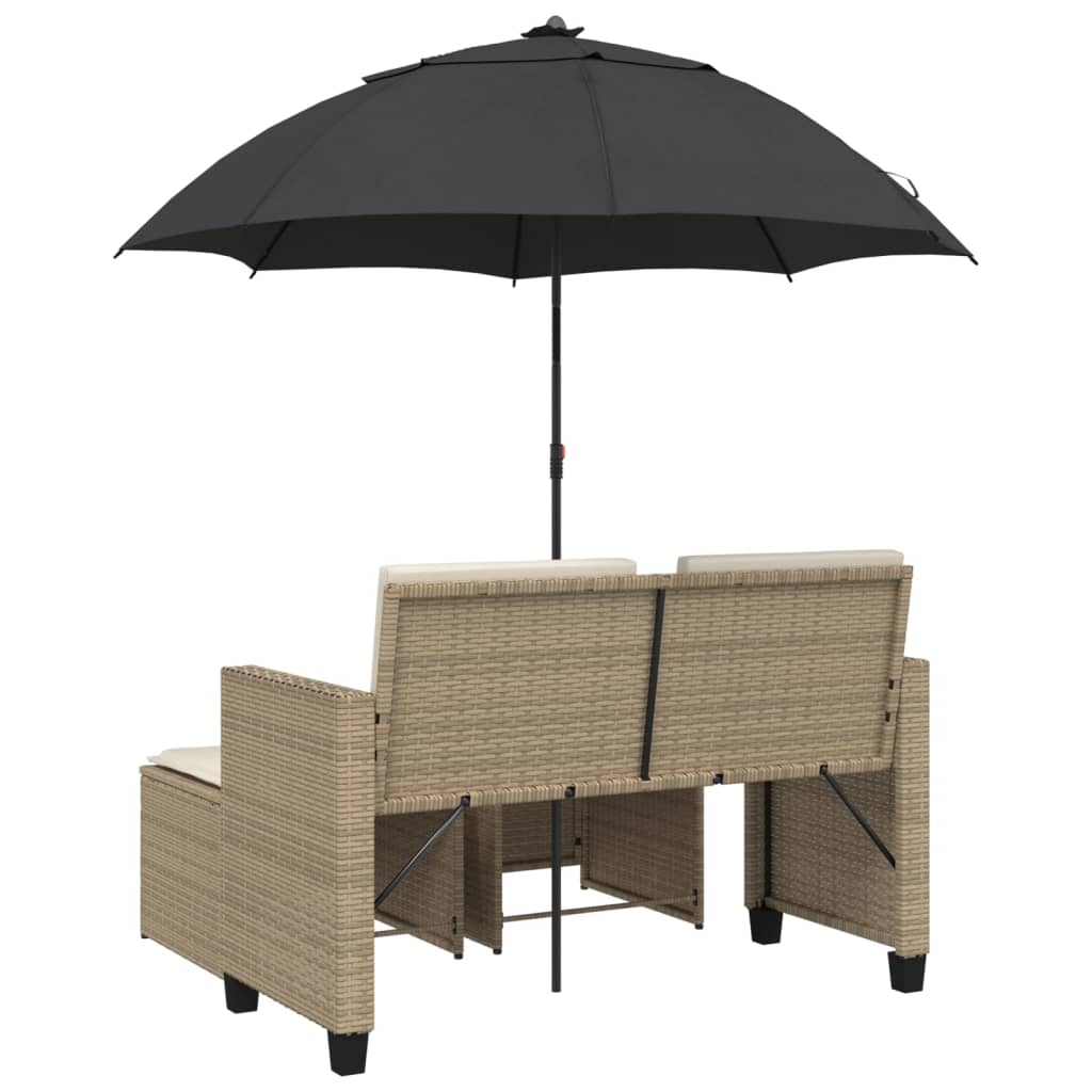 2-personers havesofa med parasol og skamler polyrattan beige