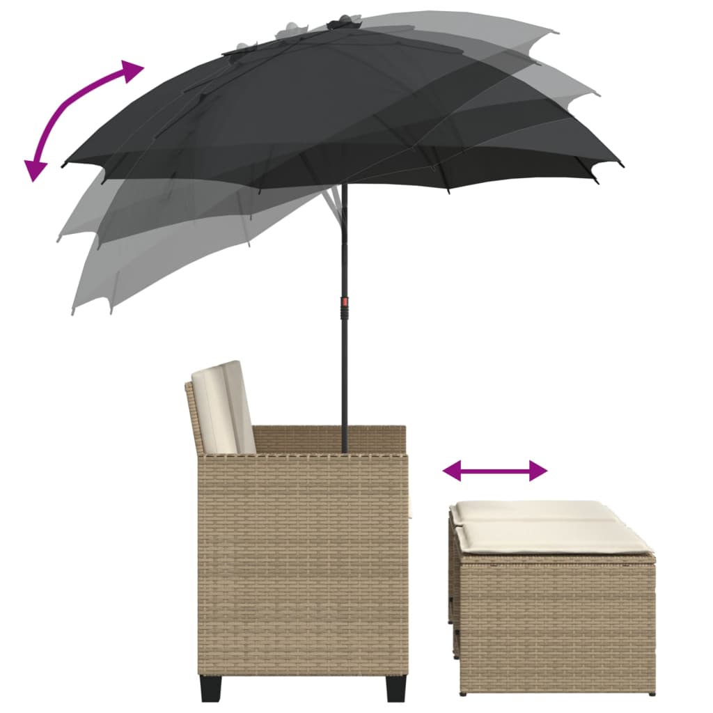 2-personers havesofa med parasol og skamler polyrattan beige