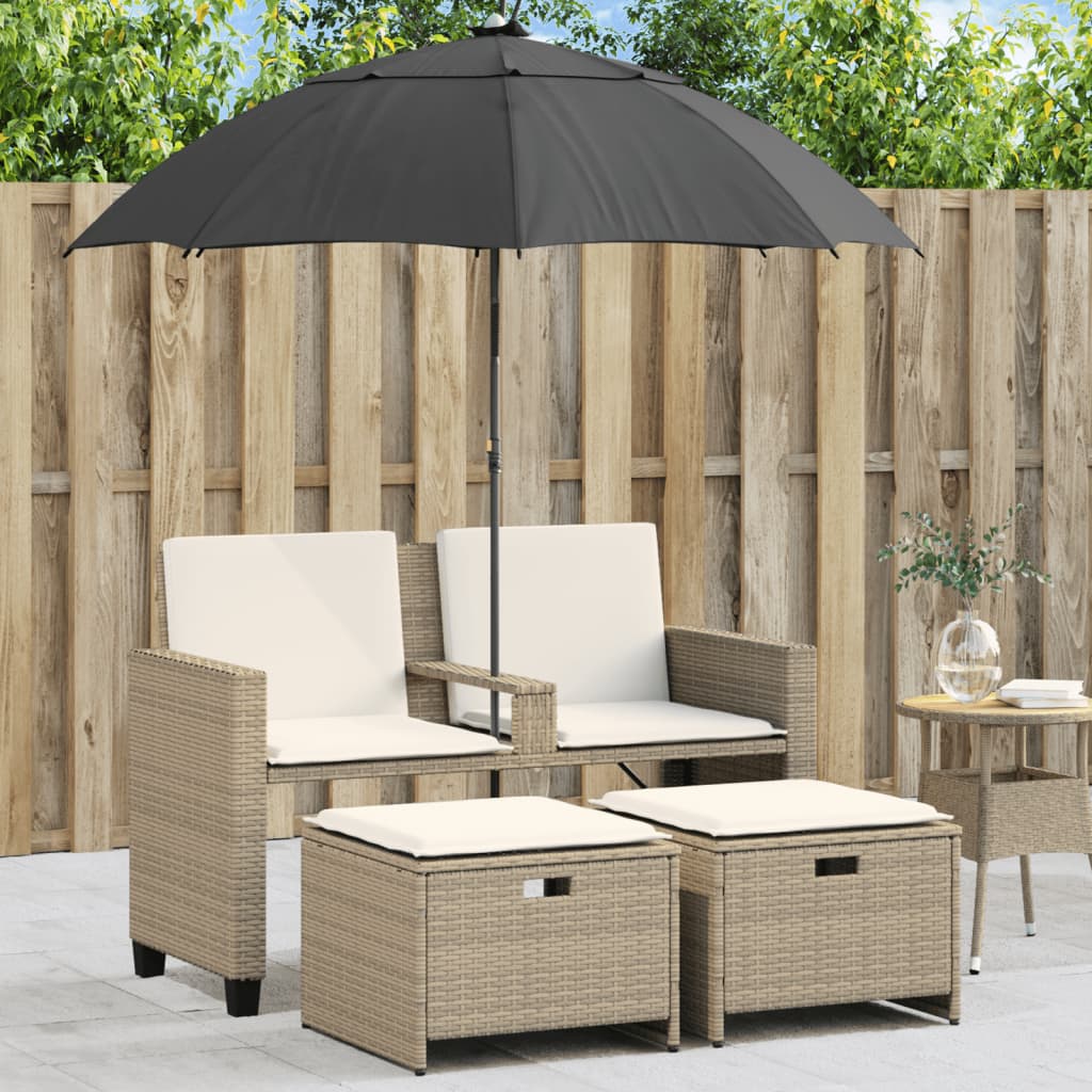 2-personers havesofa med parasol og skamler polyrattan beige