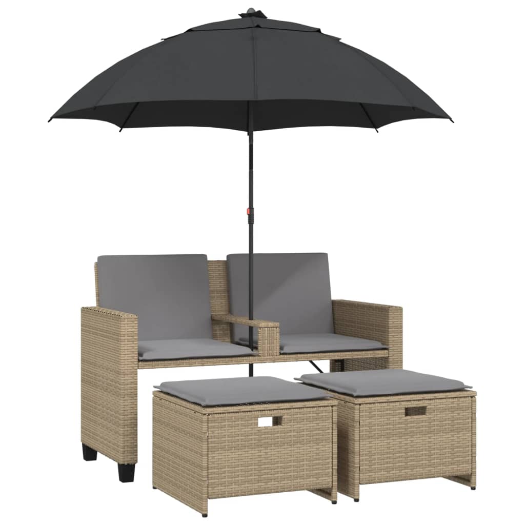 2-personers havesofa med parasol og skamler polyrattan beige