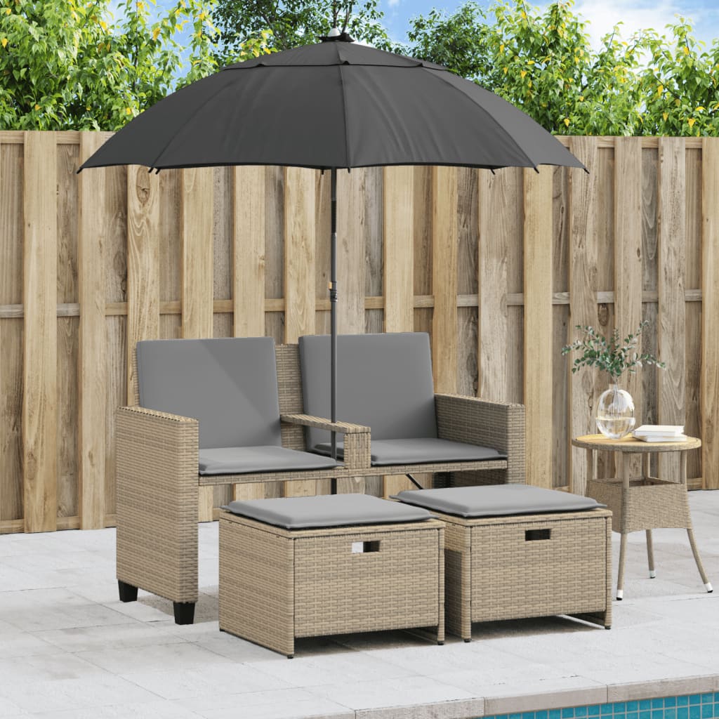 2-personers havesofa med parasol og skamler polyrattan beige