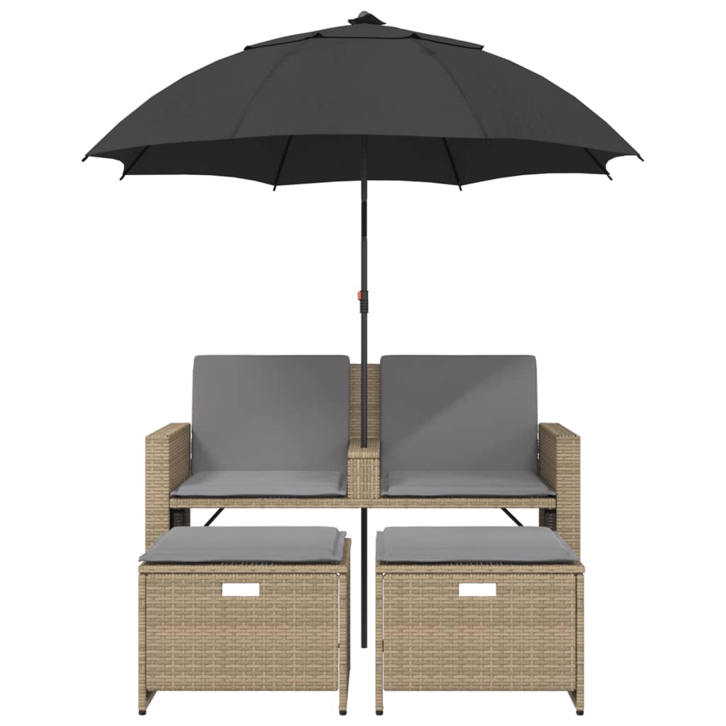 2-personers havesofa med parasol og skamler polyrattan beige