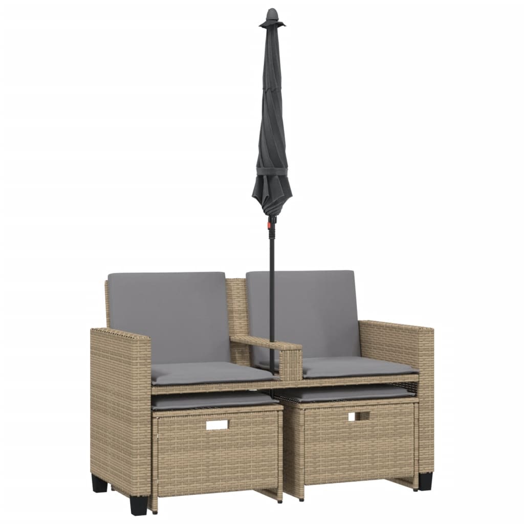 2-personers havesofa med parasol og skamler polyrattan beige