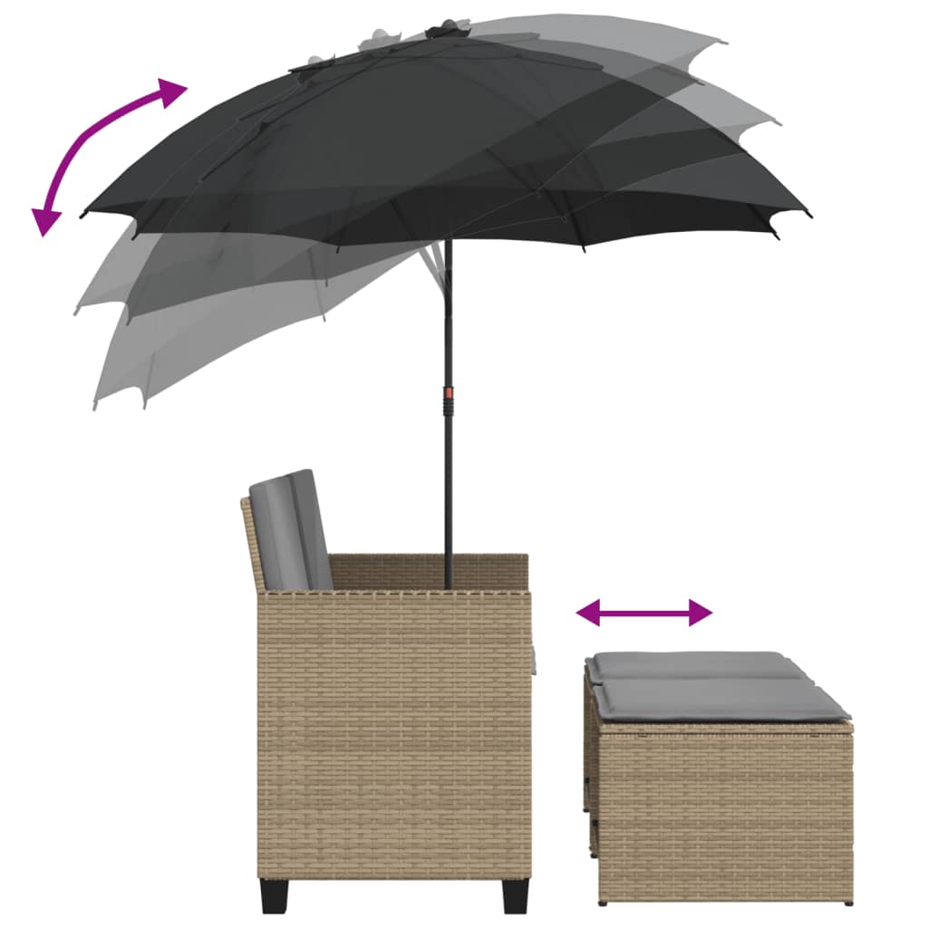 2-personers havesofa med parasol og skamler polyrattan beige