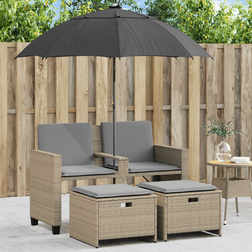 2-personers havesofa med parasol og skamler polyrattan beige