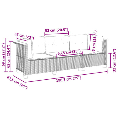 3-personers havesofa med hynder polyrattan sort