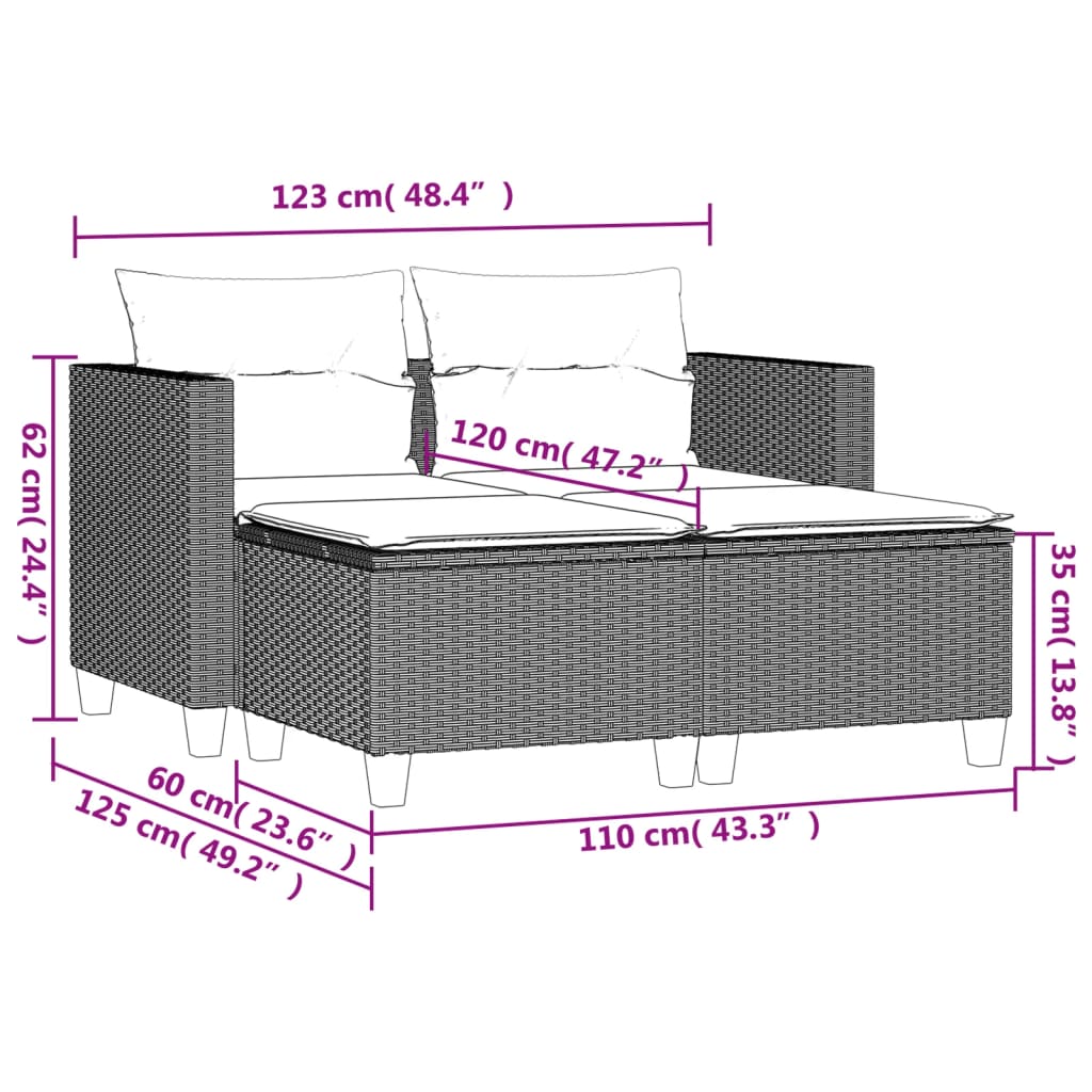 2-personers havesofa med skamler polyrattan sort