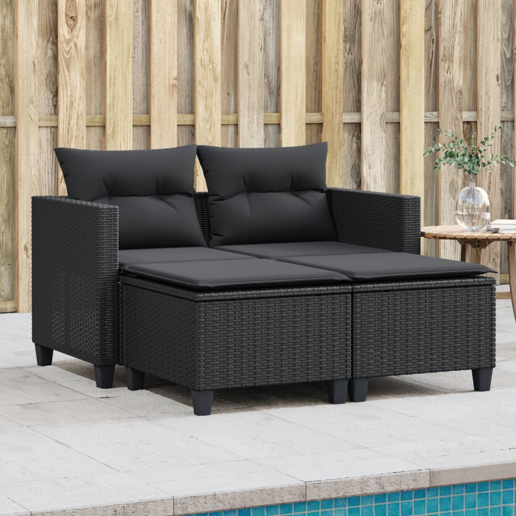 2-personers havesofa med skamler polyrattan sort