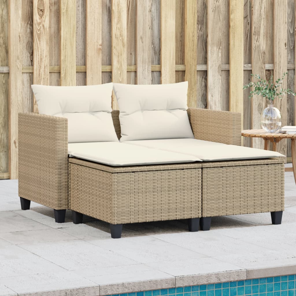 2-personers havesofa med skamler polyrattan beige